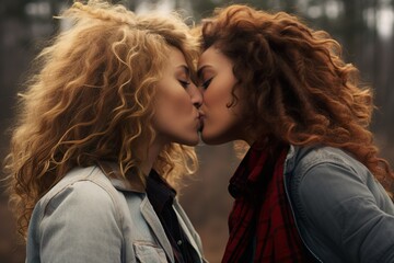 Lesbian couple kissing each other outdoors at the park LGBT women - obrazy, fototapety, plakaty