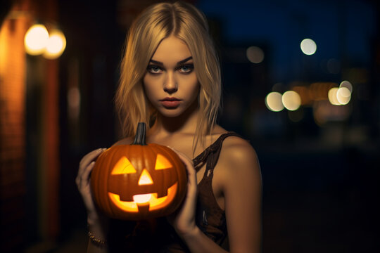 Woman with halloween pumpkin.