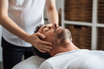 Physiotherapist, chiropractor doing a cranial sacral therapy to a man patient. Activating trigeminal nerve. Osteopathy - obrazy, fototapety, plakaty
