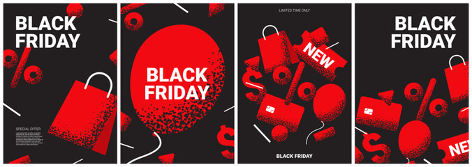 Set of posters for Black Friday Sale. Trendy vector illustration for promotion, advertising and social media. Modern flyers for Black Friday sale with simple geometry shapes.