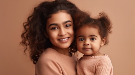A joyful multicultural big sister cradles her lil sister in a studio, radiating happiness. Generative AI