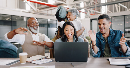 Business people, team and wow on computer for success, news or winner, startup goals and marketing...