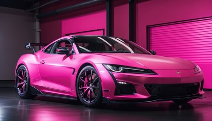 Pink modern luxury fast sports car four wheels vehicle - obrazy, fototapety, plakaty