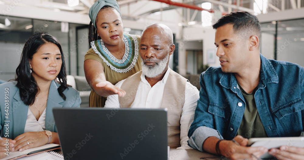 Poster laptop, teamwork or business people in meeting problem solving on an online strategy or data analyti