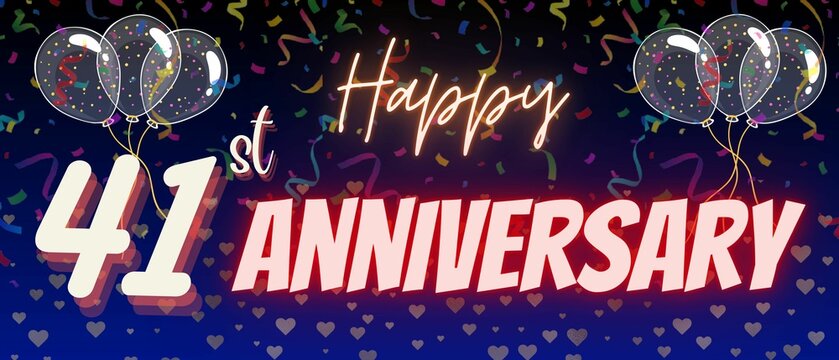 41st or forty first anniversary background. Neon calligraphy text and number with Confetti, balloons isolated on elegant blue gradient background, sparkle, design, greeting card and invitation.