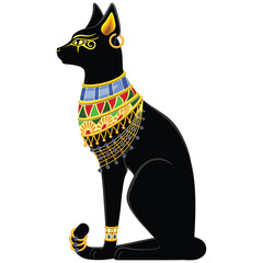 Cat Bastet Ancient Egyptian Deity Sacred Figure Silhouette with Decorative Jewels Vector Illustration isolated on white. 
