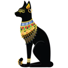 Fotobehang Draw Cat Bastet Ancient Egyptian Deity Sacred Figure Silhouette with Decorative Jewels Vector Illustration isolated on white. 