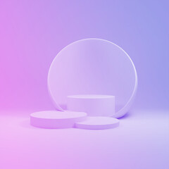 empty podium or pedestal display on colorful purple background with cylinder stand concept. Blank product shelf standing backdrop. 3D rendering illustration.