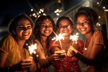 Four young Indian women with Bengal fireworks, celebrating Indian Festival Diwali