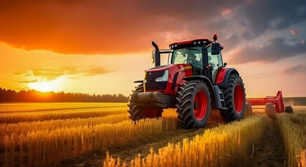 Fototapeta premium Red tractor working in the field at sunset