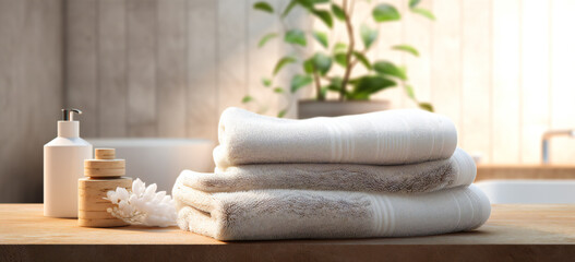 Obraz na płótnie Canvas Towels and bath elements in a white marble bathroom