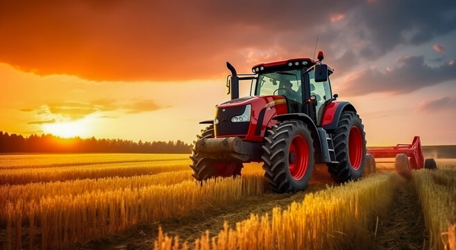 Red tractor working in the field at sunset