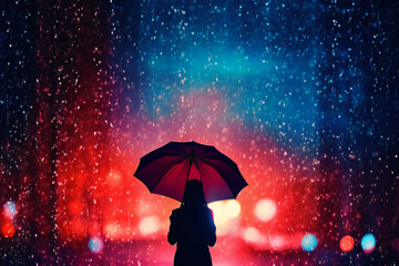 Girl silhouette under the rain in the night, with a red umbrella