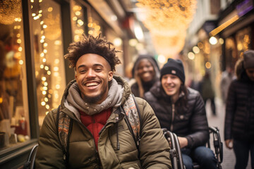 Disabled young man in a wheelchair, shopping tour with friends, happy smiling people , winter and christmas season