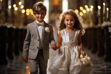 little girl and little boy with first communion dress on church - obrazy, fototapety, plakaty