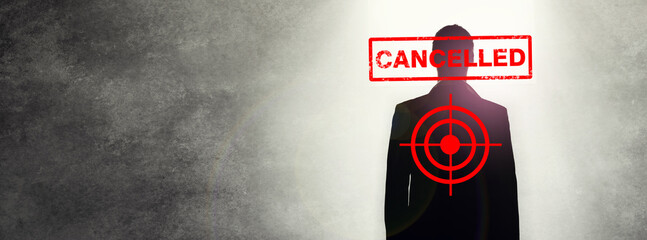Cancel culture, overlay and target on silhouette of man for bias, political controversy or...