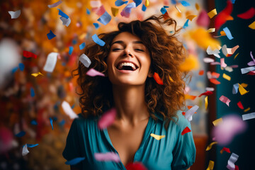 Woman laughing with confetti falling around her head and her hair blowing in the wind.