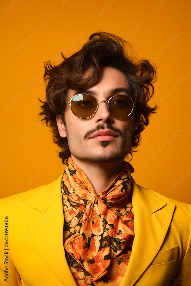 Poster Man with yellow jacket and tie wearing sunglasses and yellow jacket.