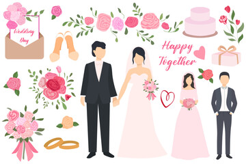 set of vector flat illustrations, wedding, bride, groom, wedding attributes. Elegant set. Wedding for decorative design