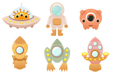 set of cartoon illustrations theme space, space, rockets, astronaut, aliens, spaceship, vector