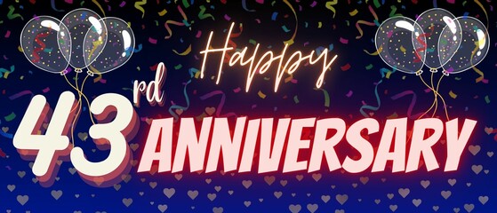 43rd or forty third anniversary background. Neon calligraphy text and number with Confetti, balloons isolated on elegant blue gradient background, sparkle, design, greeting card and invitation.  - obrazy, fototapety, plakaty