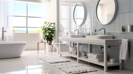 Comfortable and tidy toilet toiletries, sink, mirror and table, Interior of bathroom in modern house.