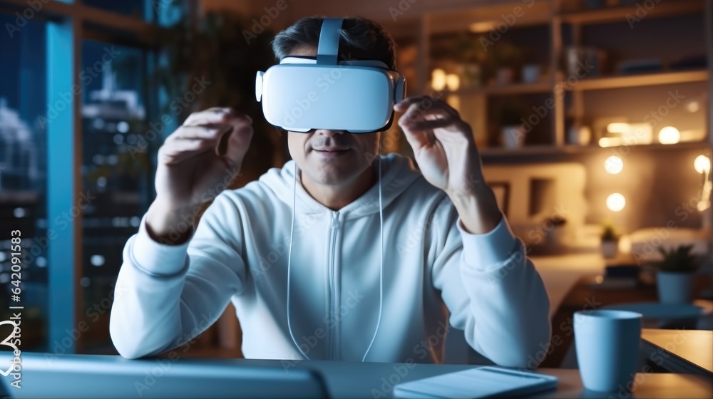Poster man wearing a vr headset and interacting with virtual screens at home, experiencing virtual reality.