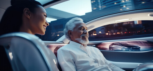 People ride in a self-driving car controlled by an artificial intelligence autopilot.