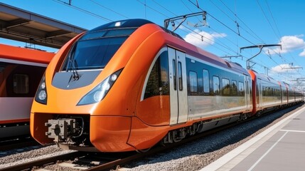 Obraz premium Passenger trains parked at railway station.
