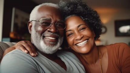 Fototapeta premium Portrait of happy black elderly senior couple at home.