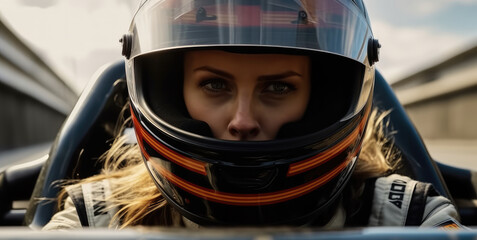 Portrait of a professional woman sports car racer in a helmet driving auto on the track. - obrazy, fototapety, plakaty