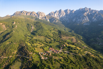 Aerial view of the Spanish village of Mogrovejo at sunrise 