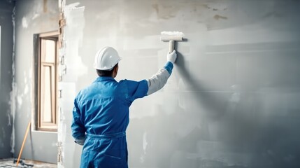Contractor are painter the wall indoors at home.