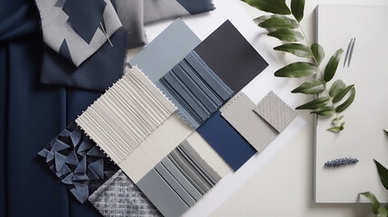 Aesthetic flat lay composition in grey and navy color palette with textile and paint samples, lamella panels, leaves and tiles. Architect and interior designer moodboard. Top view. Copy space. - obrazy, fototapety, plakaty