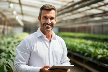 Cheerful male farmer analyzing agricultural data in greenhouse, smiling agriculture analyst using tablet and looking at camera. Scientifically sustainable digital farm development