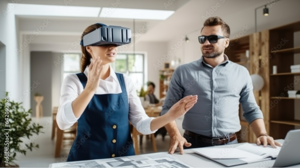 Aufkleber woman architect using vr glasses to imagine or design a project with foreman in the office.
