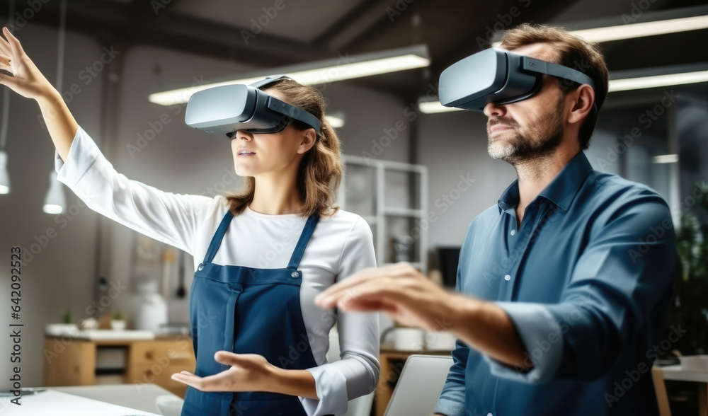 Poster woman architect using vr glasses to imagine or design a project with foreman in the office.