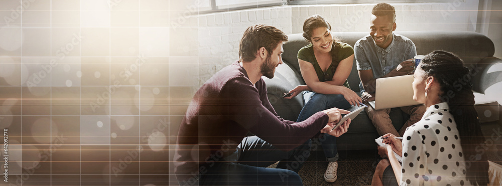 Poster teamwork, technology and overlay with a business group in an office lounge for planning or strategy.