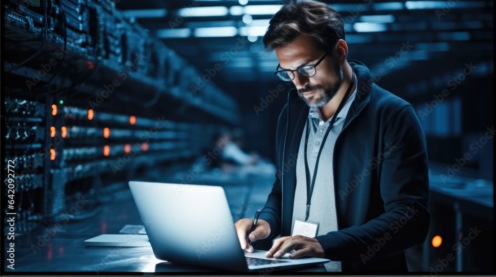 Leinwandbilder Administrator Working With Data Protection Engineering Network for Cyber Security in data center, Server Farm Cloud Computing Facility with System.