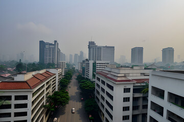 Fototapeta premium Jakarta city landscape from hotel balcony with air pollution