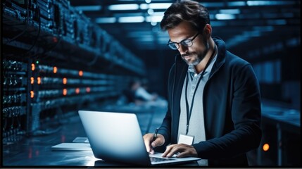 Administrator Working With Data Protection Engineering Network for Cyber Security in data center, Server Farm Cloud Computing Facility with System.