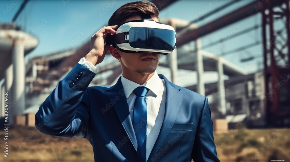 Poster businessman wearing virtual reality goggles during analyzing building structure at the construction 