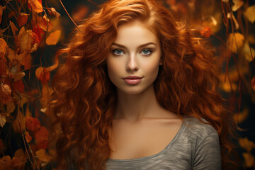Fototapeta premium Beautiful redhead girl with autumn leaves around