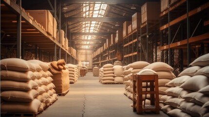 Old warehouse with canvas bags.
