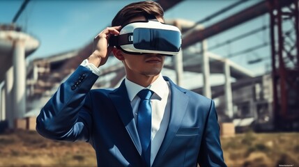 Businessman wearing virtual reality goggles during analyzing building structure at the construction site.