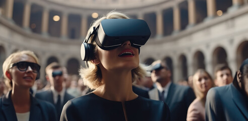 Senior business manager woman attend meeting wearing VR virtual goggle glasses standing in auditorium convention hall, Virtual reality demonstration.