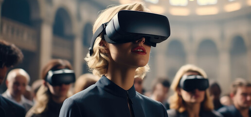 Business woman attend meeting wearing vr virtual goggle glasses standing in auditorium convention hall, Virtual reality demonstration.