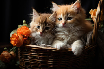 Fototapeta na wymiar Funny cute kittens in a wicker basket