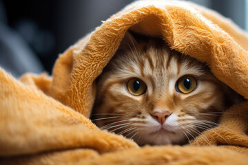 small cute kitten lies wrapped in a towel