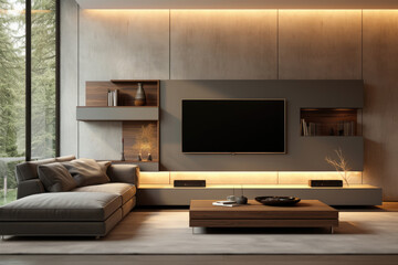 Modern apartment interior with stylish furniture and TV set